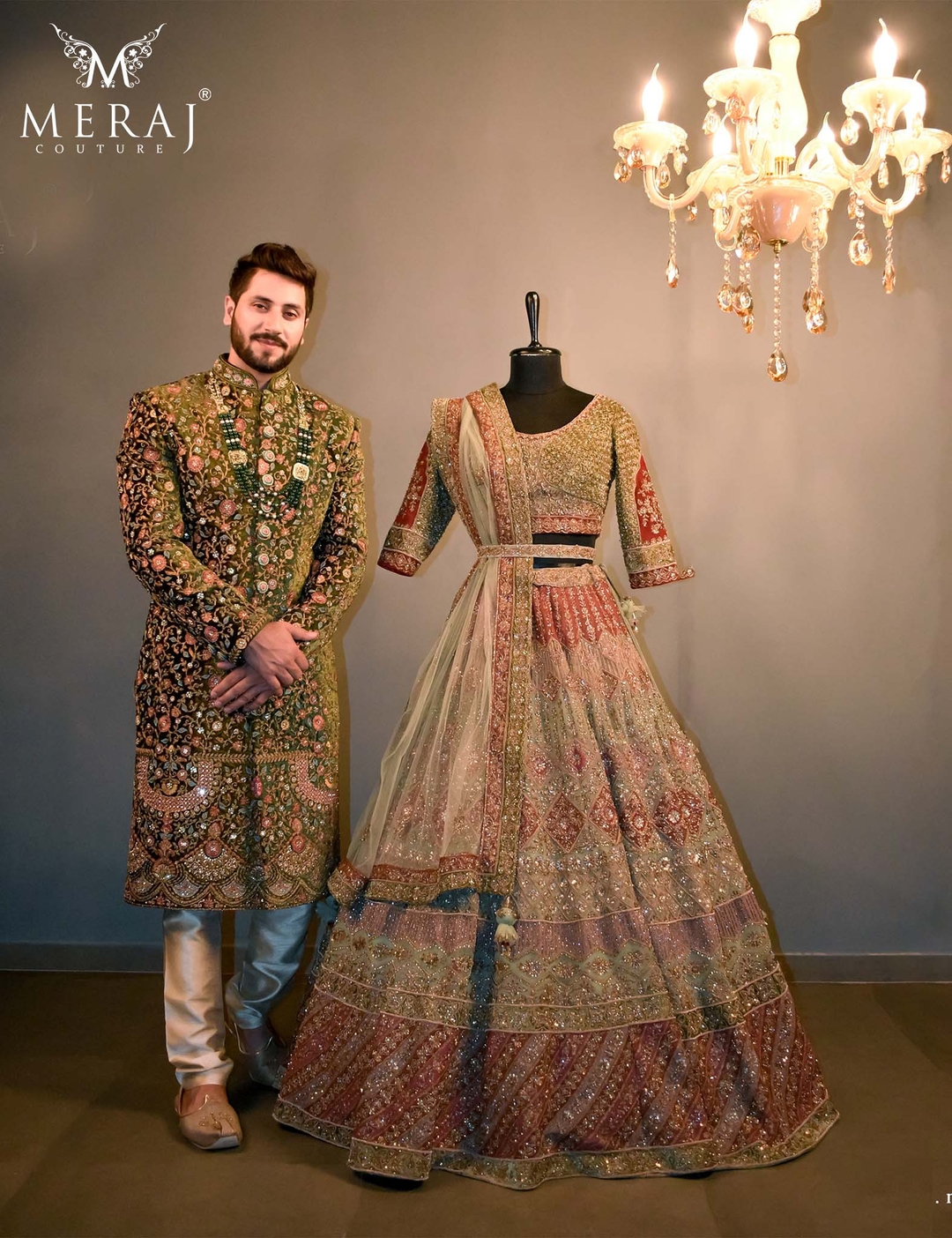 OLIVE GREEN NETTED LEHENGA WITH OLIVE GREEN VELVET SHERWANI