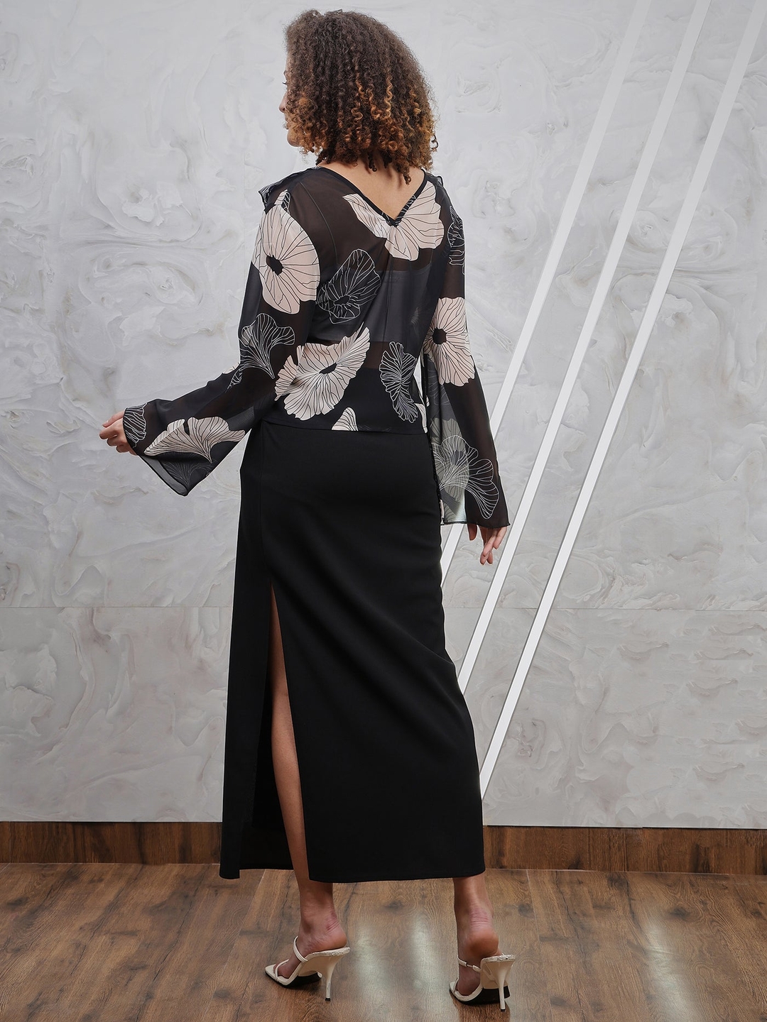 Athena Black Floral Printed V-Neck Ruffles Chiffon Styled Back Top