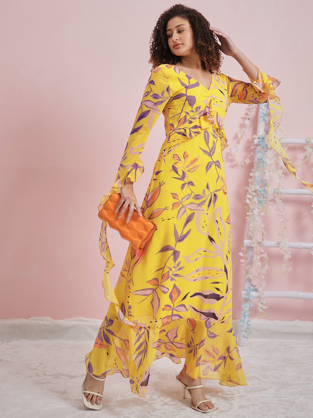 Athena Floral Printed Ruffled Georgette Maxi Dress