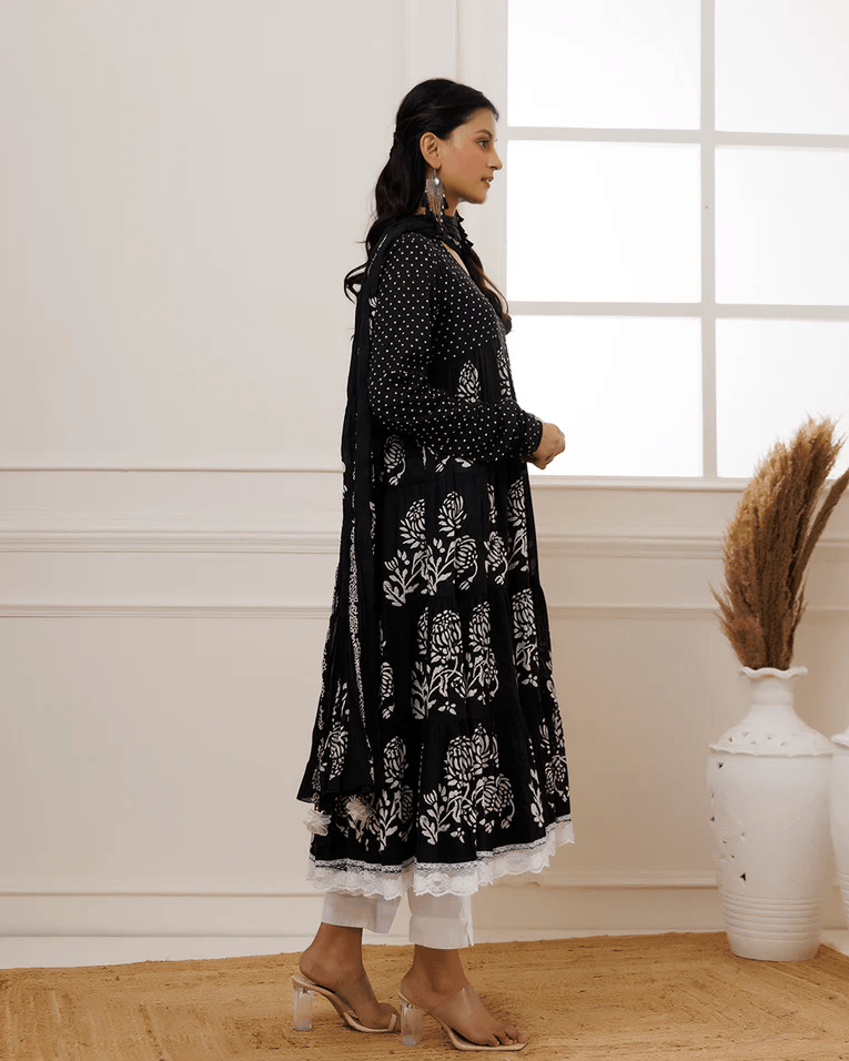 Qala Black Hand Block Printed Anarkali Suit Set