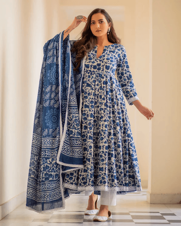 Indigo Dabu Print Cotton Dress Set