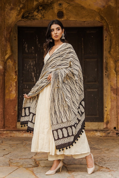Maya Chikan Anarkali Set with Cotton Bagru Print Dupatta