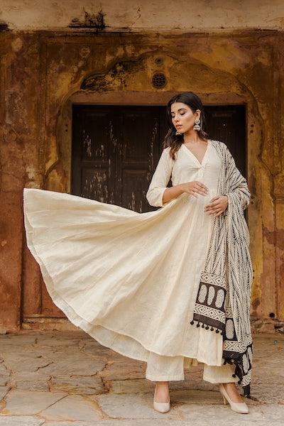 Maya Chikan Anarkali Set with Cotton Bagru Print Dupatta