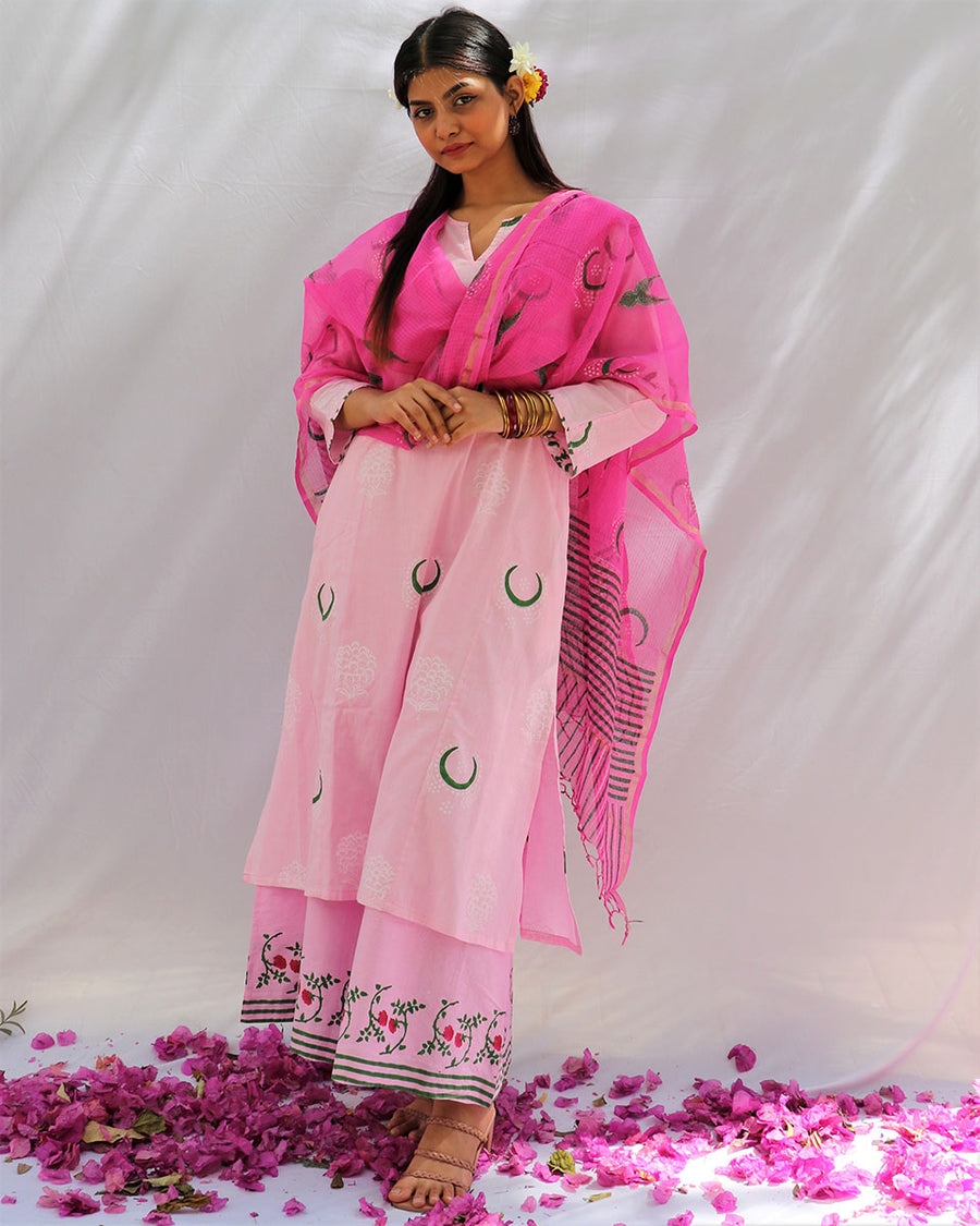 BLOOM PINK CHAND BLOCK PRINTED COTTON KURTA SET - FOS