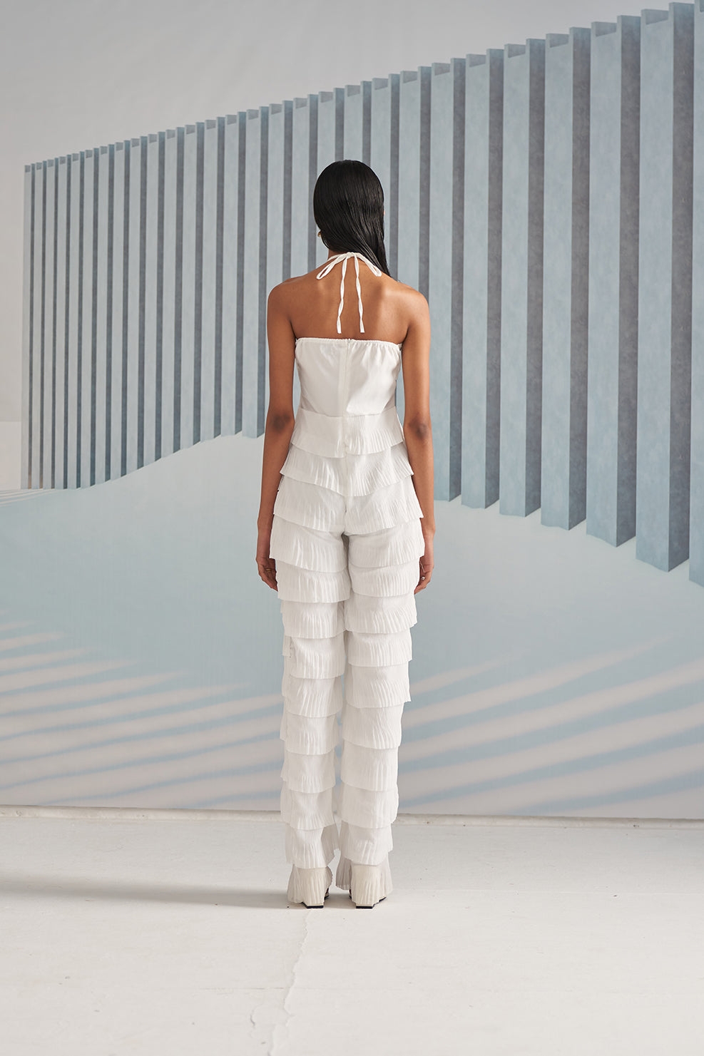 White Pleated Layers Jumpsuit