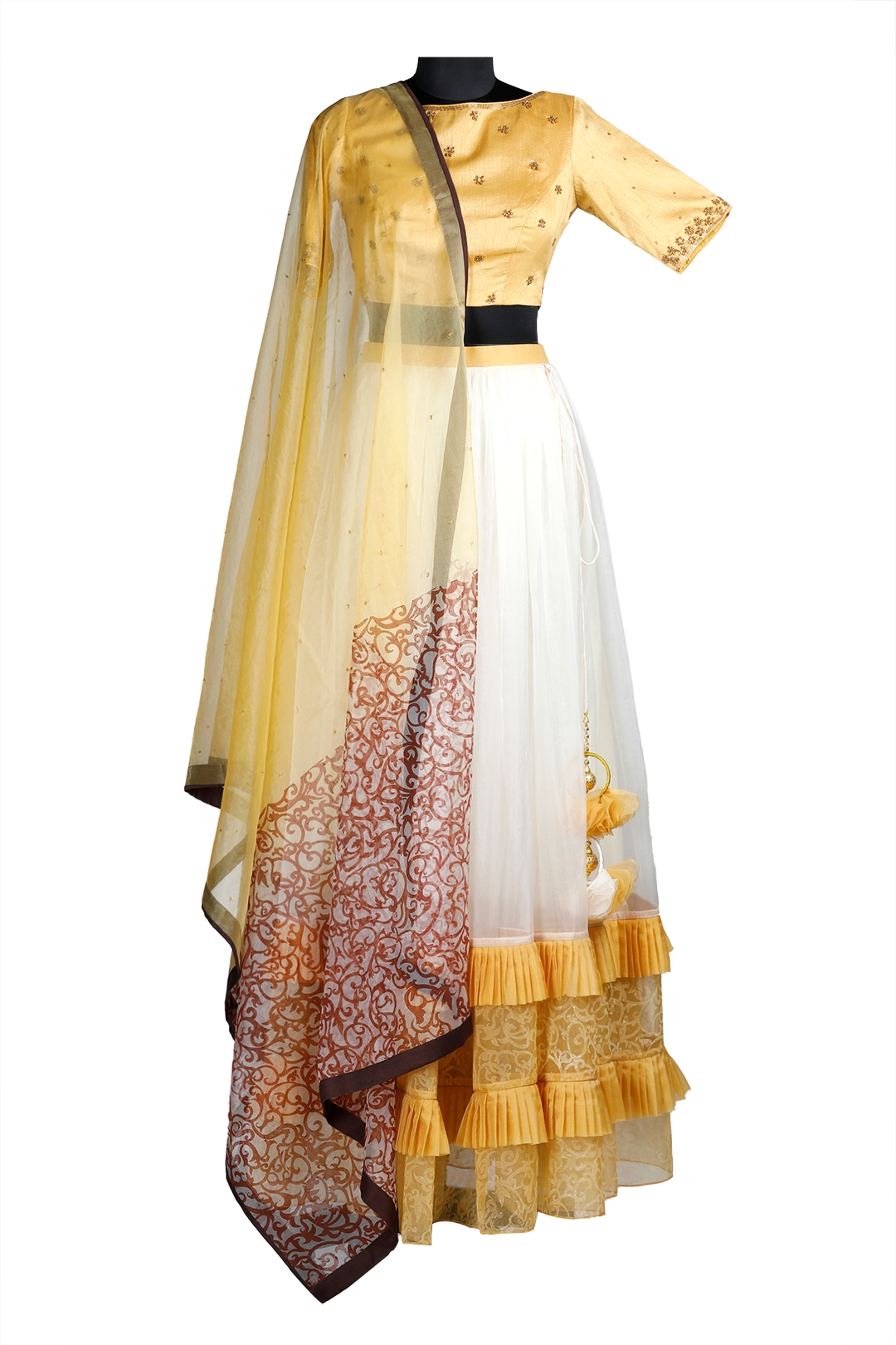 Embroidered Pleated Lehenga Paired With Pale Yellow