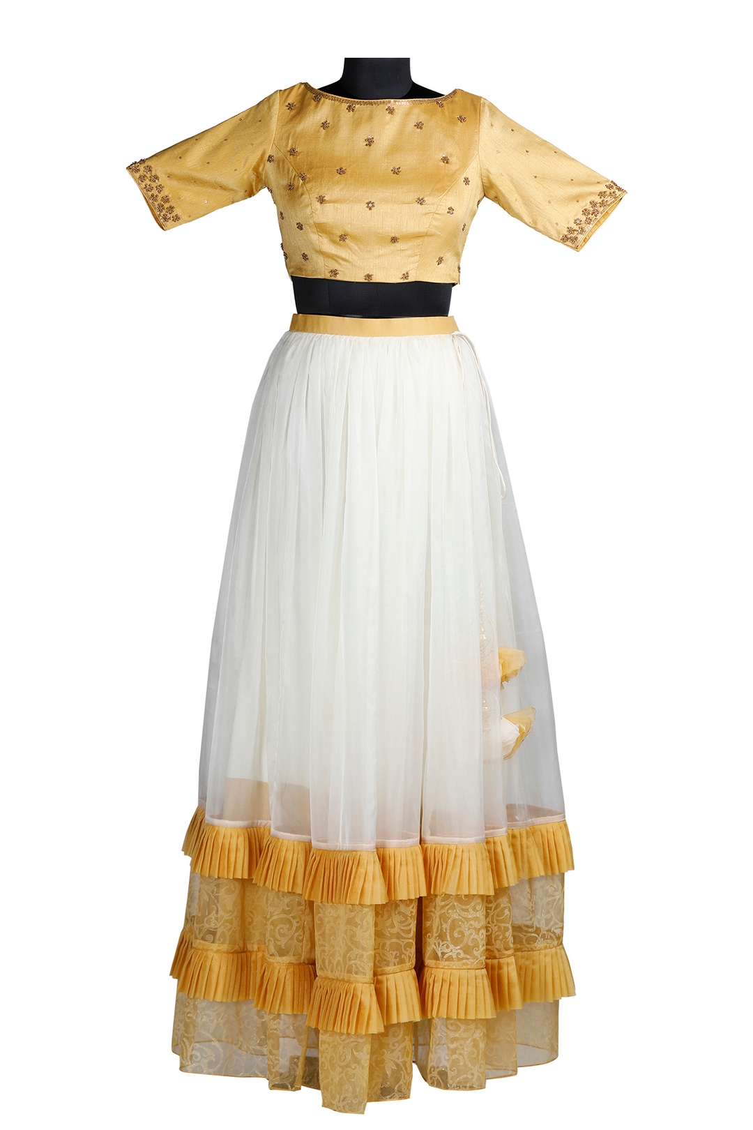 Embroidered Pleated Lehenga Paired With Pale Yellow