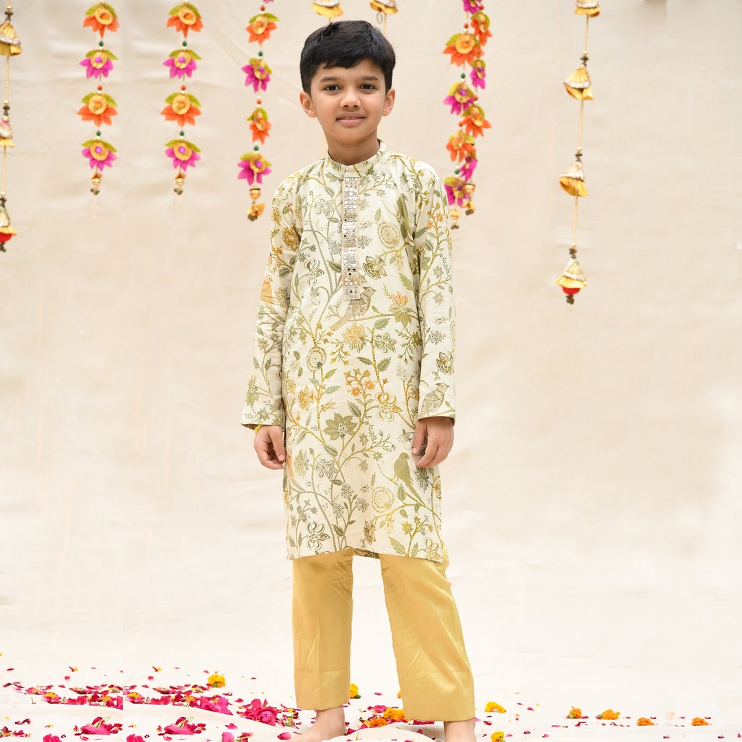 CREAM COTTON MUL GARDEN OMBRE PATTERN KURTA WITH PANT