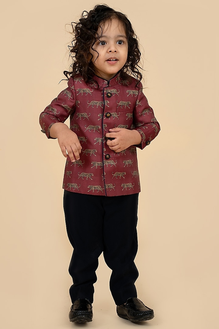 Dark Maroon Silk Panther Printed Jacket Set