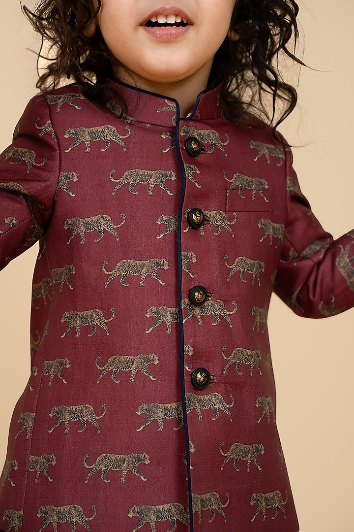 Dark Maroon Silk Panther Printed Jacket Set