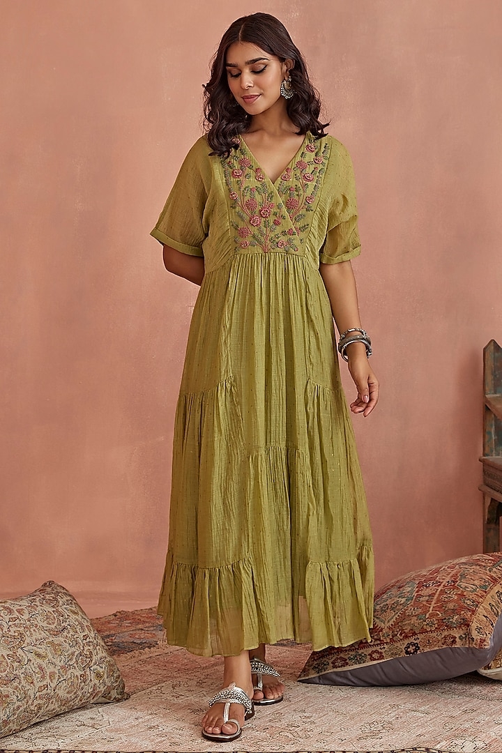 Green Chanderi Block Printed & Hand Embroidered Gathered Dress