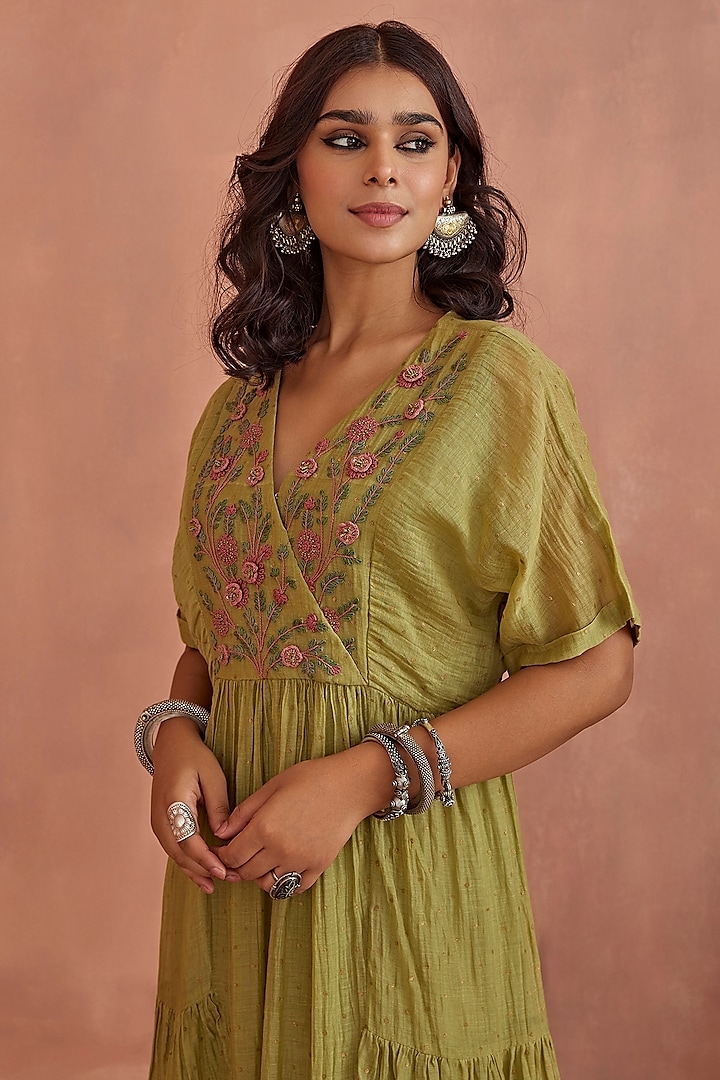 Green Chanderi Block Printed & Hand Embroidered Gathered Dress