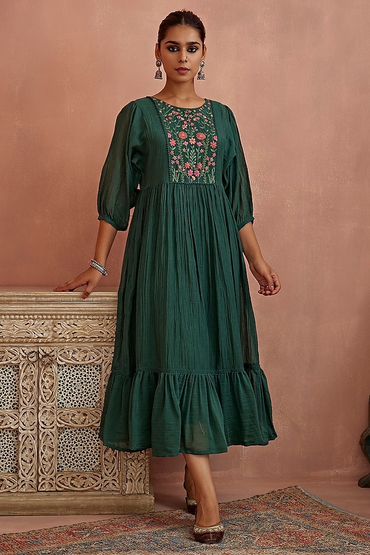 Teal Chanderi Hand Embroidered Dress