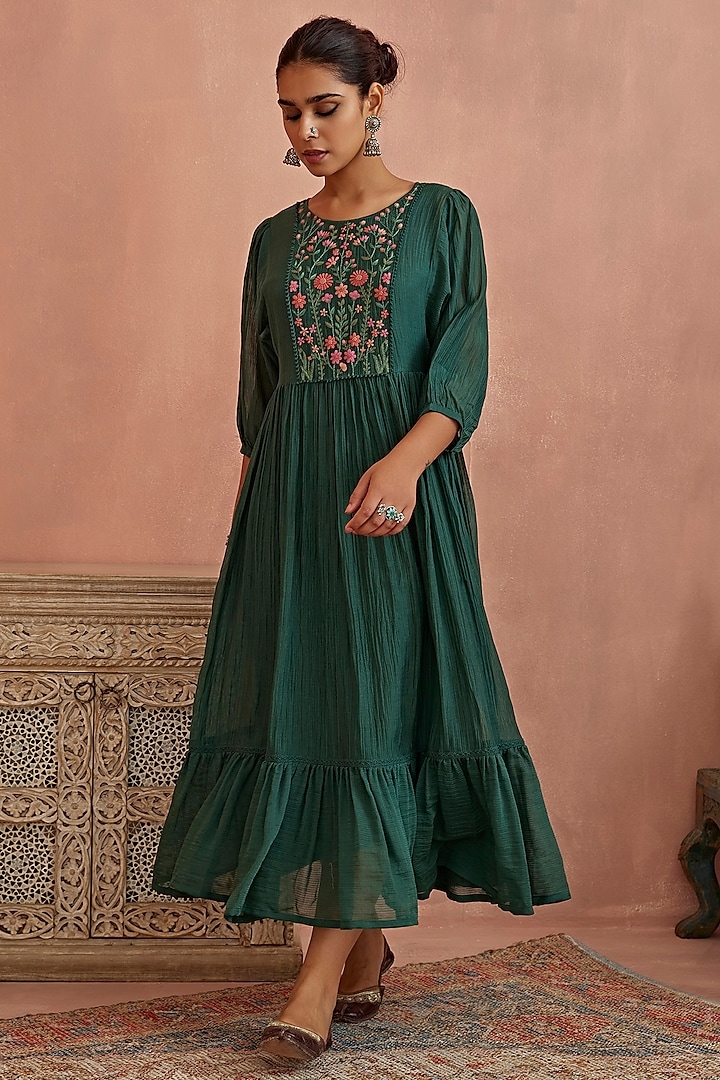 Teal Chanderi Hand Embroidered Dress