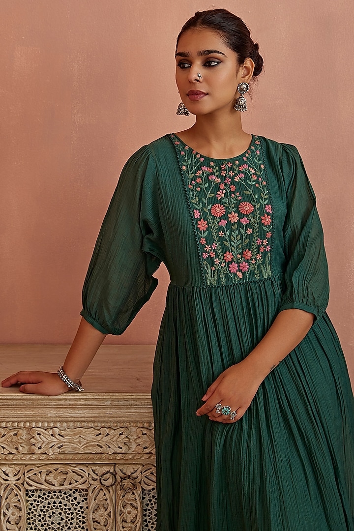 Teal Chanderi Hand Embroidered Dress