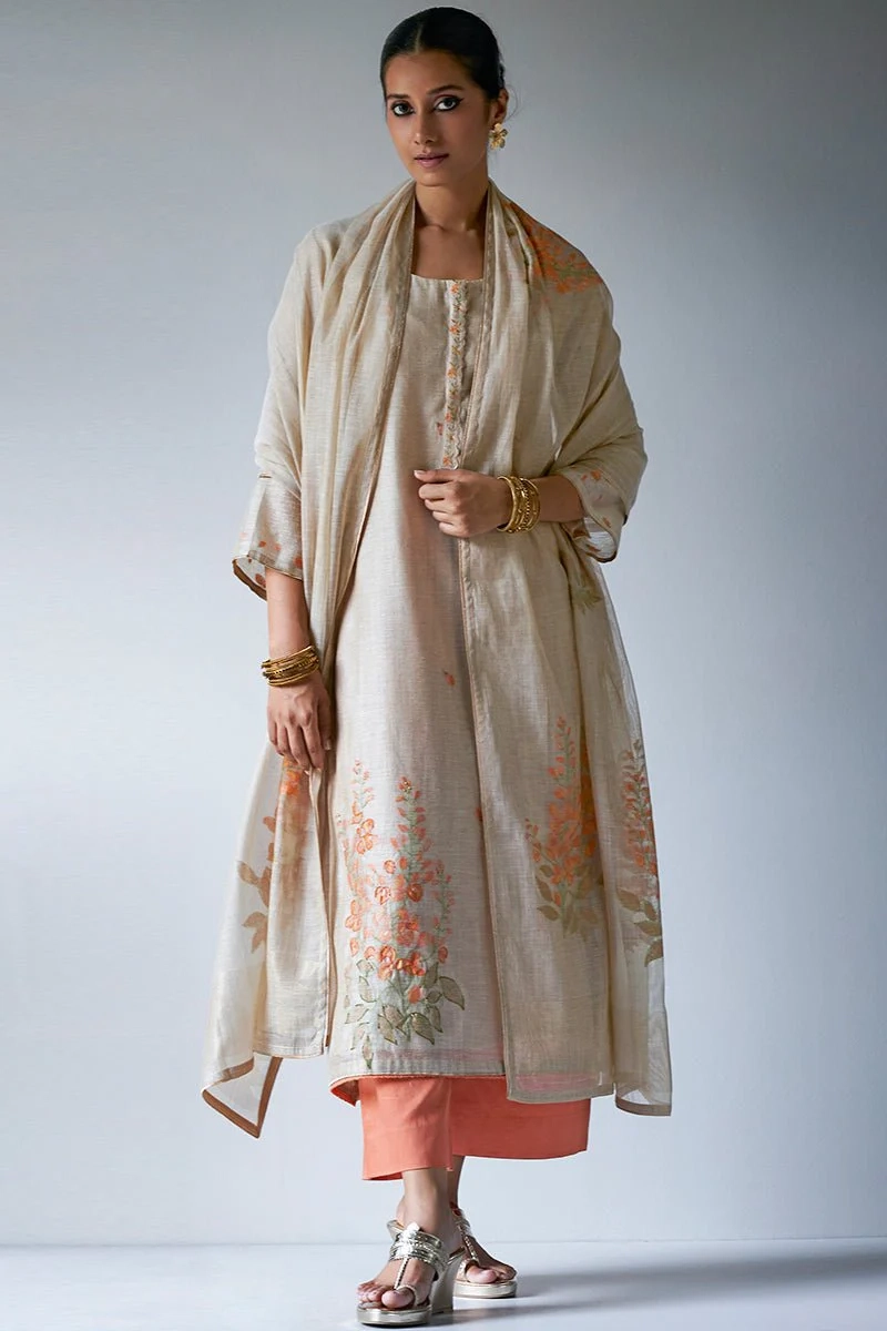 eige Woven Kurta Suit Set With Delicate Hand Work Detailing and Embroidery Placket