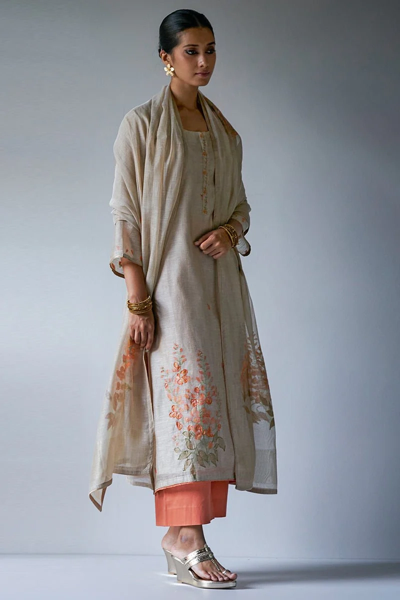 eige Woven Kurta Suit Set With Delicate Hand Work Detailing and Embroidery Placket