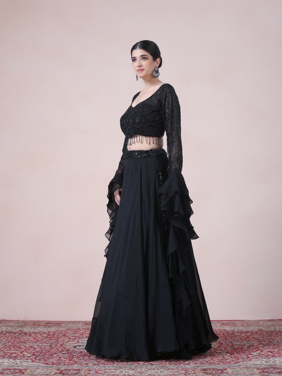 Refined Black Ruffles Organza Skirt Top Set