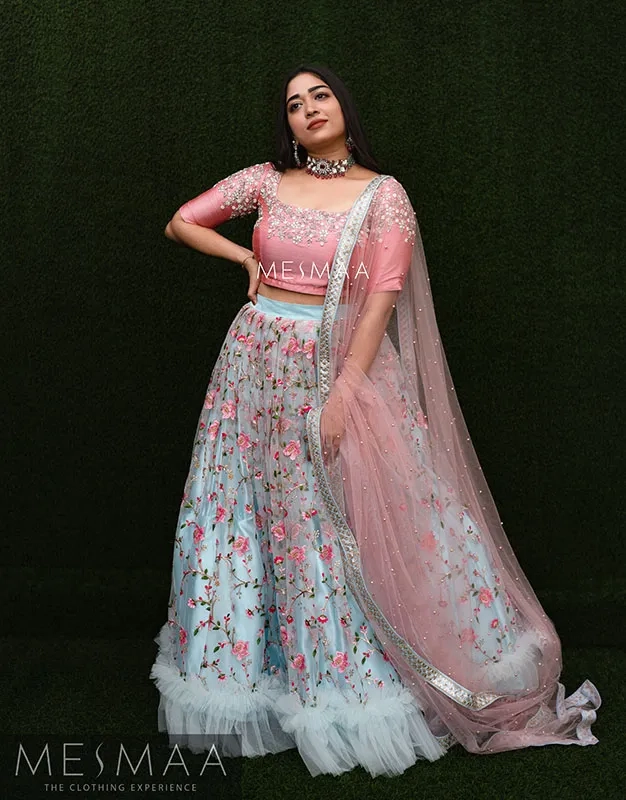 Pastel pink powder blue bridal lehenga