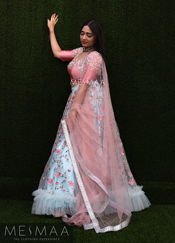 Pastel pink powder blue bridal lehenga