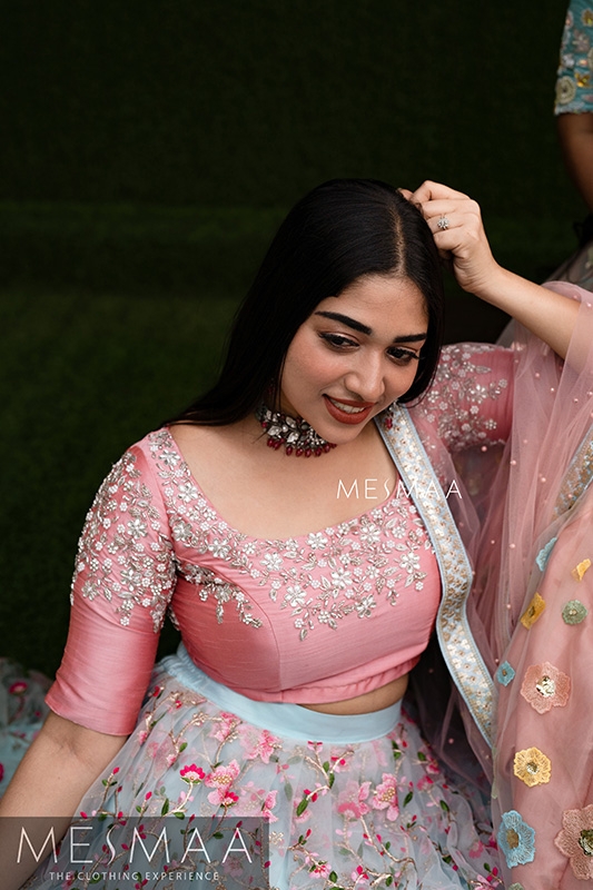 Pastel pink powder blue bridal lehenga