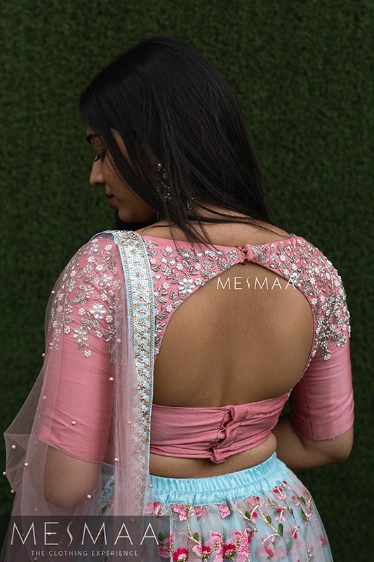 Pastel pink powder blue bridal lehenga