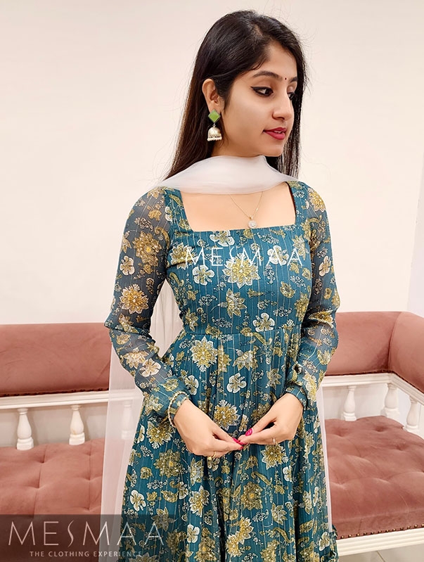 Teal white floral anarkali