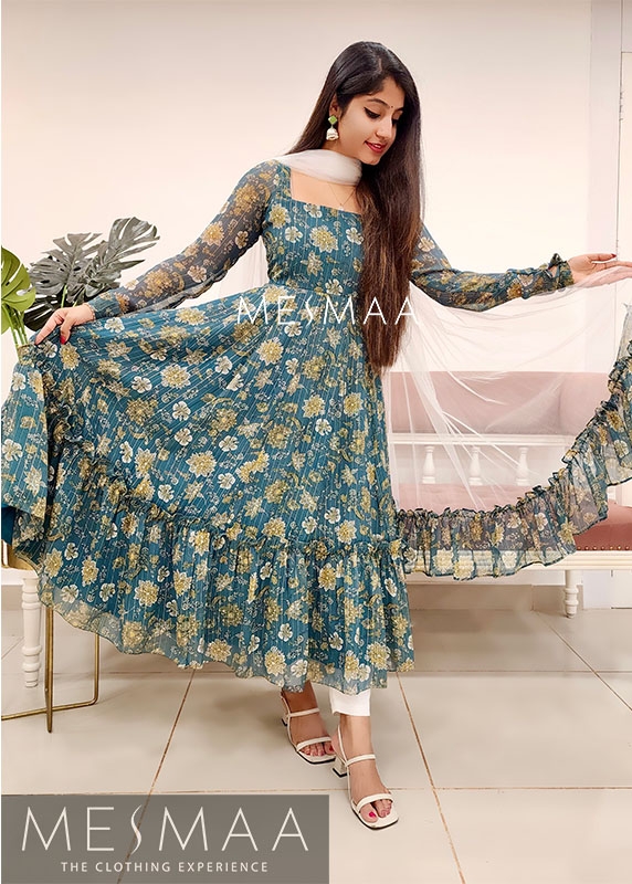 Teal white floral anarkali