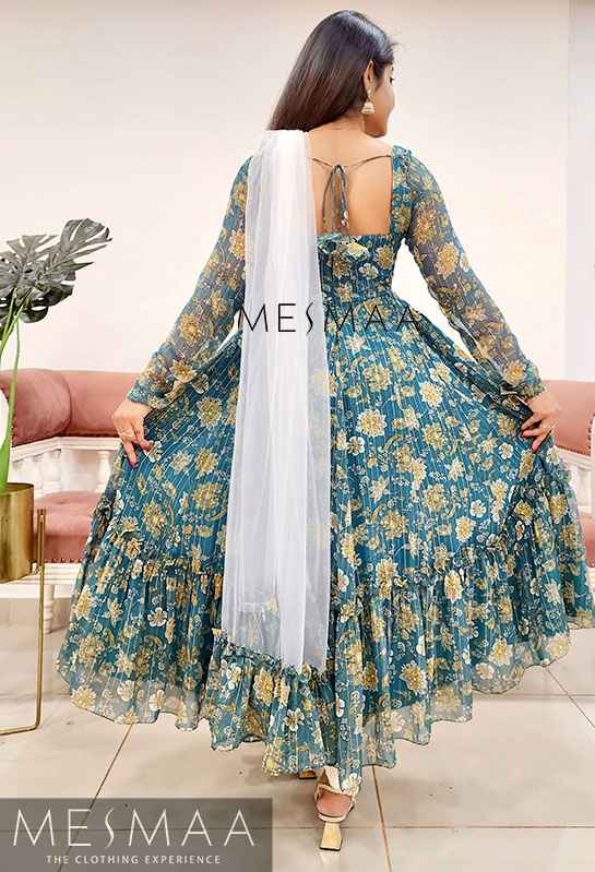 Teal white floral anarkali