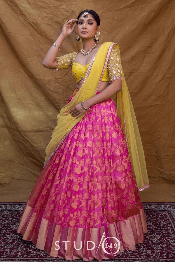 DESIGNER CHANDERI HALF SAREE SET IN YELLOW