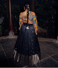 Orange Kalamkari Off Shoulder Blouse with Black Raw Silk Lehenga