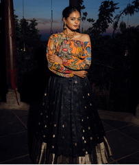 Orange Kalamkari Off Shoulder Blouse with Black Raw Silk Lehenga