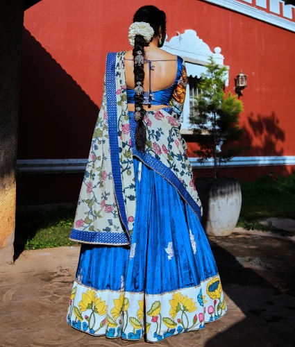 Blue Lehenga with Kalamkari Handwork Blouse