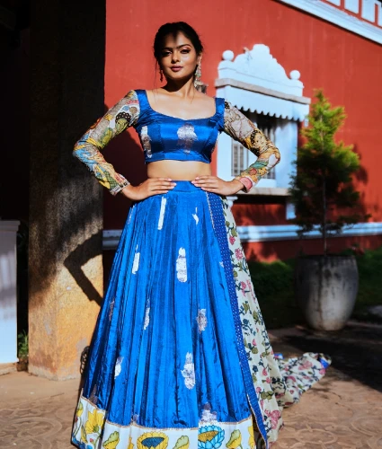 Blue Lehenga with Kalamkari Handwork Blouse