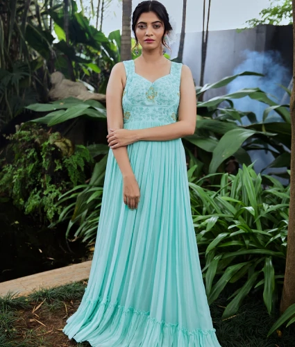 Chiffon Blue Gown with Handwork Yoke