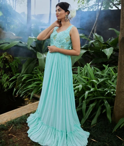 Chiffon Blue Gown with Handwork Yoke