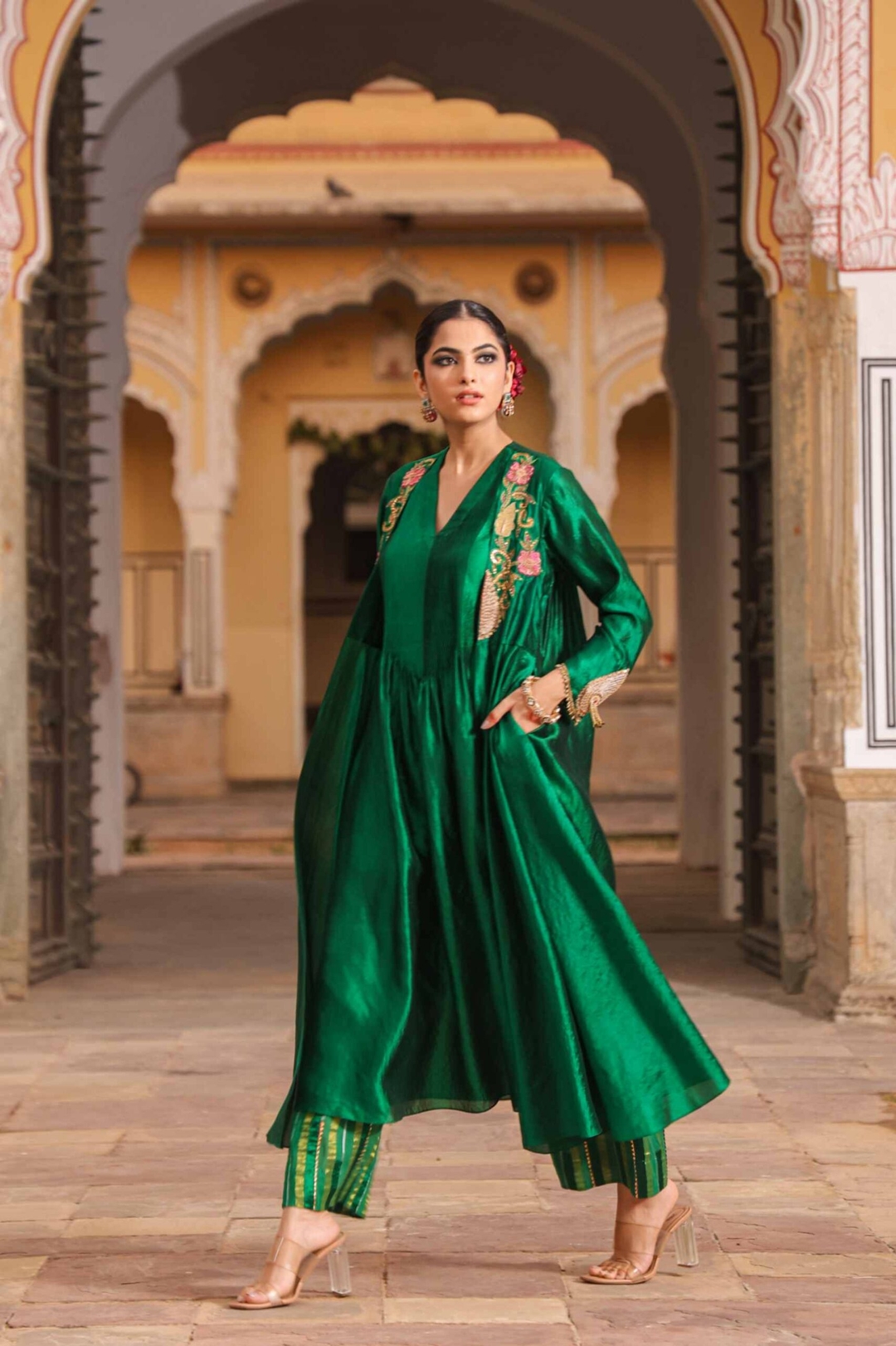 Green Cheent Embroidery Solid Jacket Kurta Set