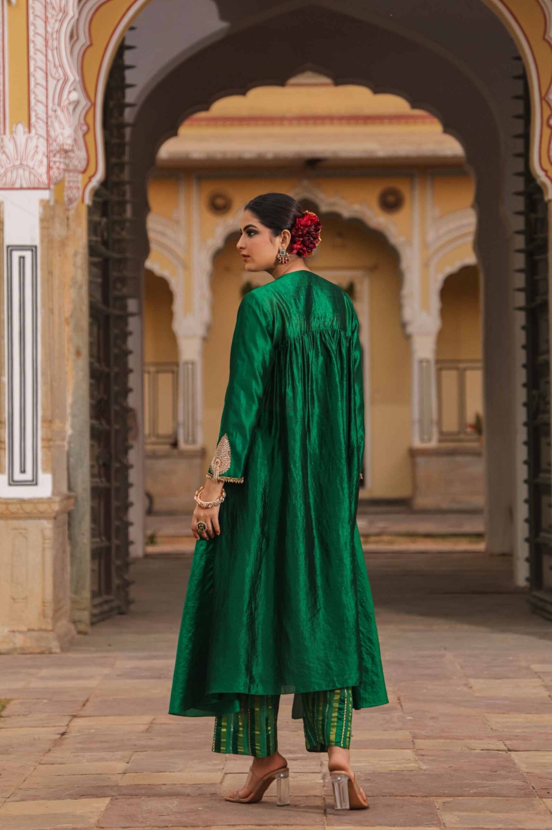 Green Cheent Embroidery Solid Jacket Kurta Set