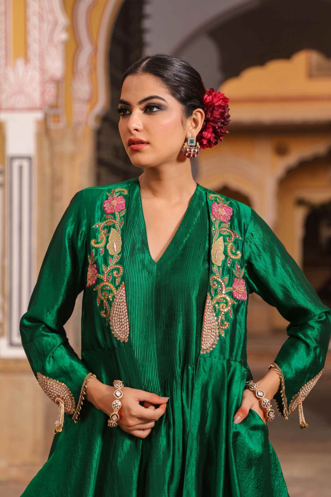 Green Cheent Embroidery Solid Jacket Kurta Set