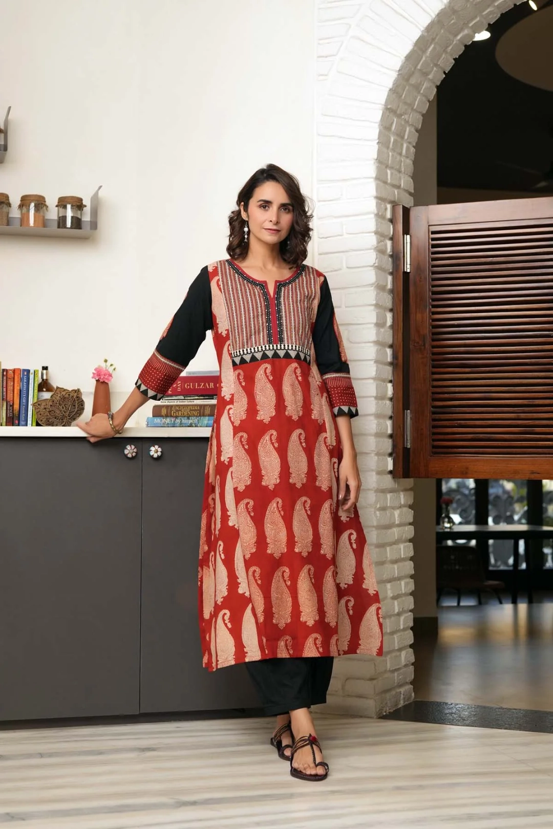 Long Length A-Line Kurta In Maroon Bagru Print