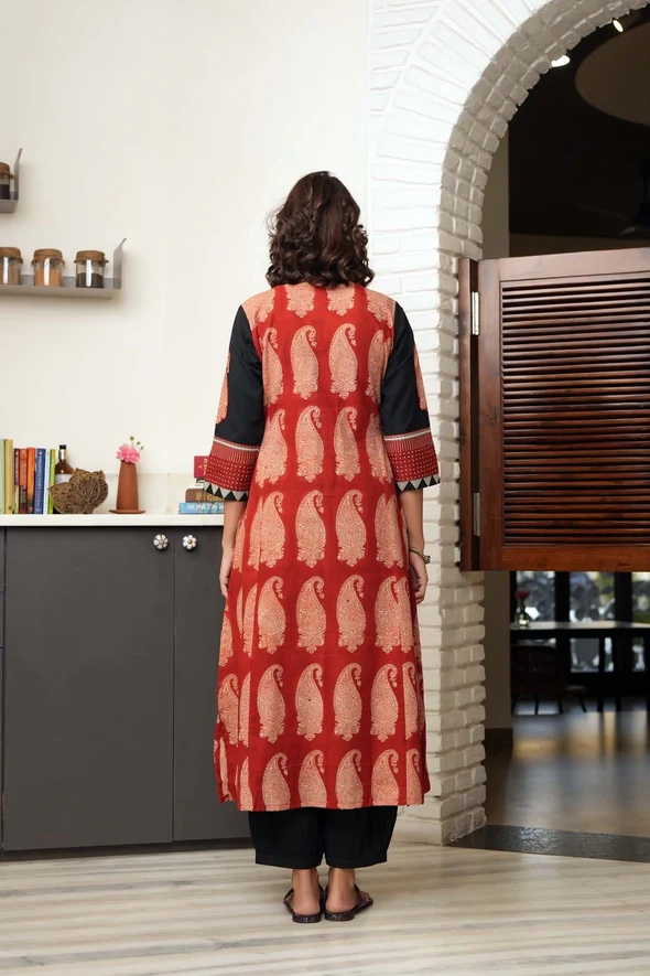 Long Length A-Line Kurta In Maroon Bagru Print