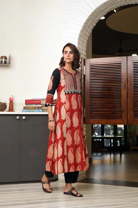 Long Length A-Line Kurta In Maroon Bagru Print