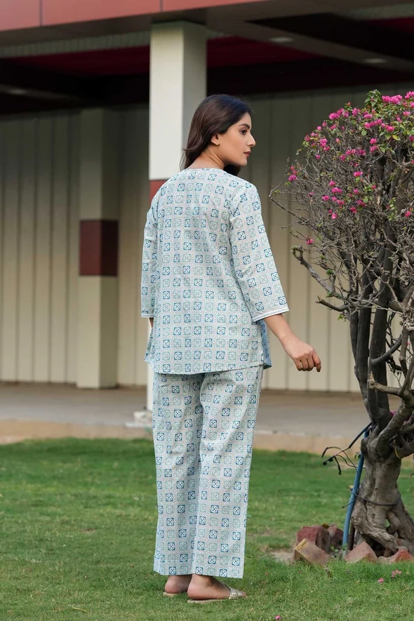 Cotton Loungewear Set In Turquoise Green Color