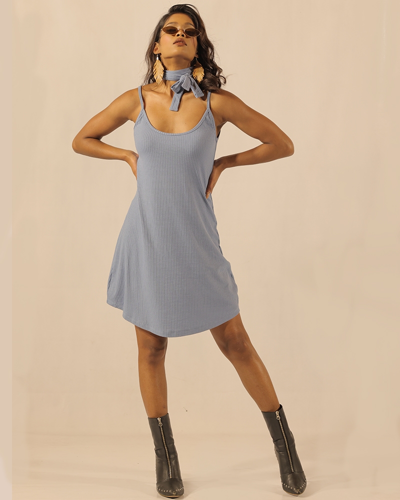 Babe Blue Rib Knit A Line Dress With Scarf