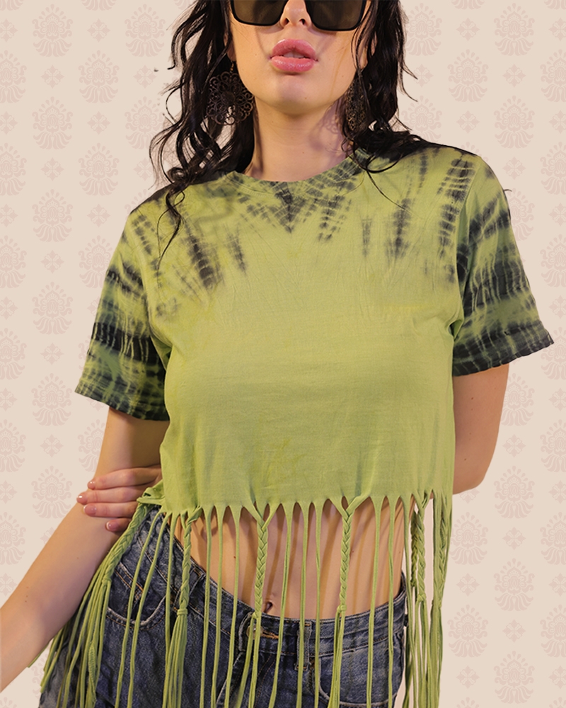 Tie And Dye Crop Top With Braided Tassels