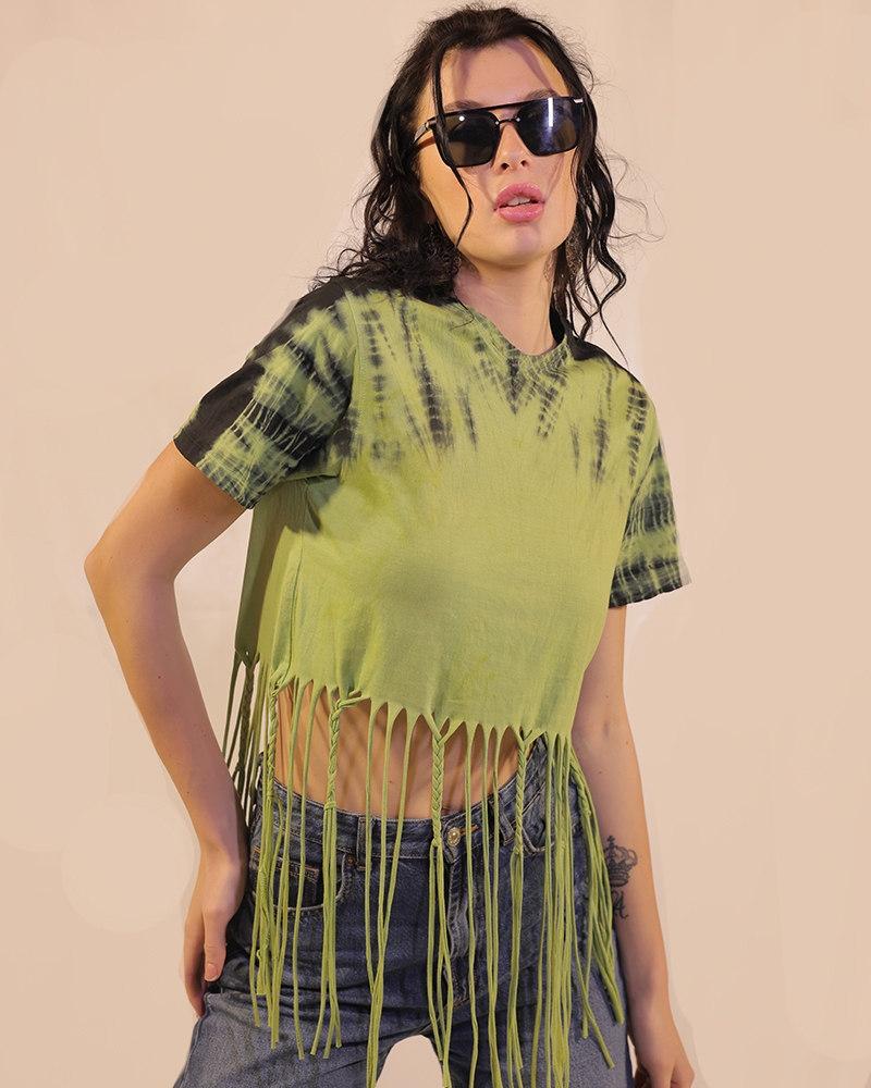 Tie And Dye Crop Top With Braided Tassels