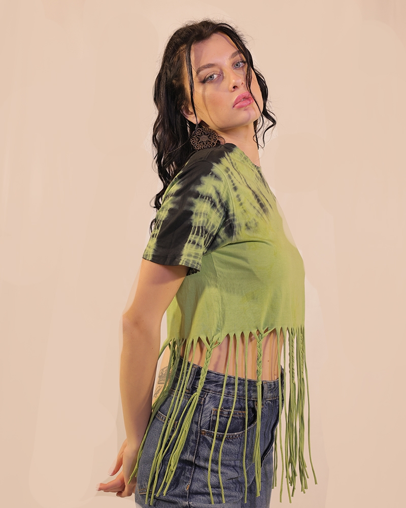 Tie And Dye Crop Top With Braided Tassels