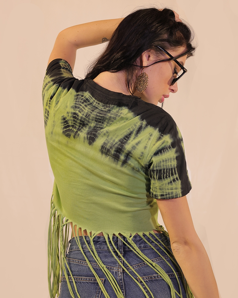 Tie And Dye Crop Top With Braided Tassels
