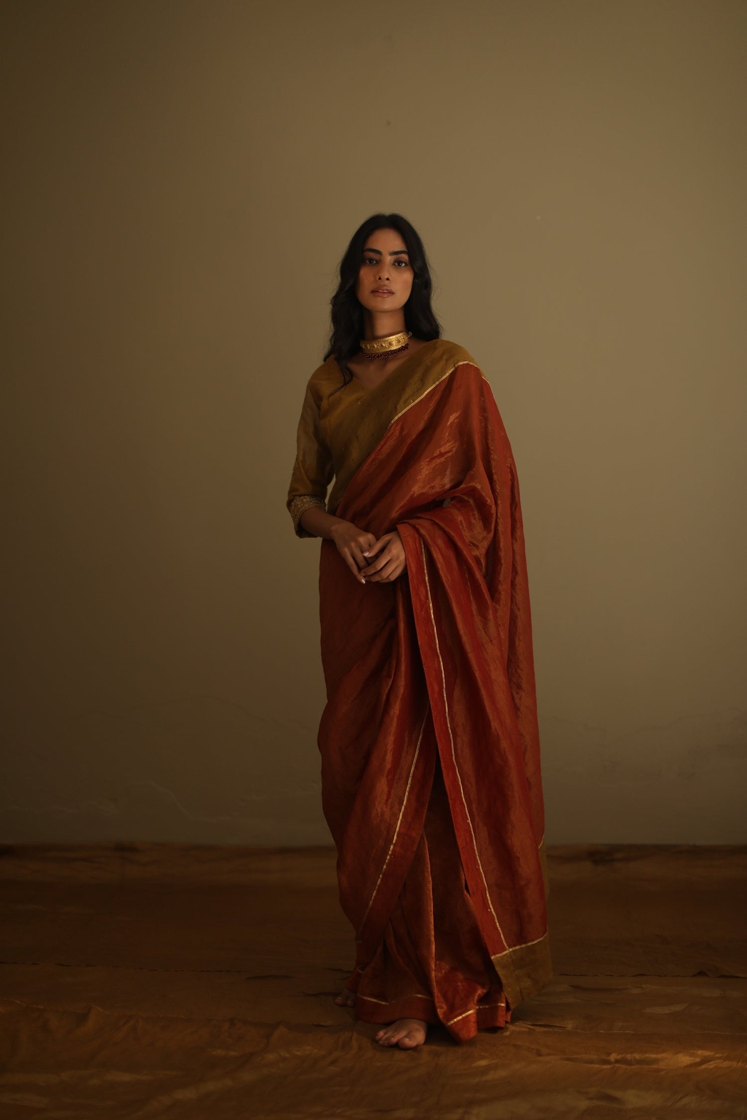 Sari In Deep Rust Red Handloom Tissue