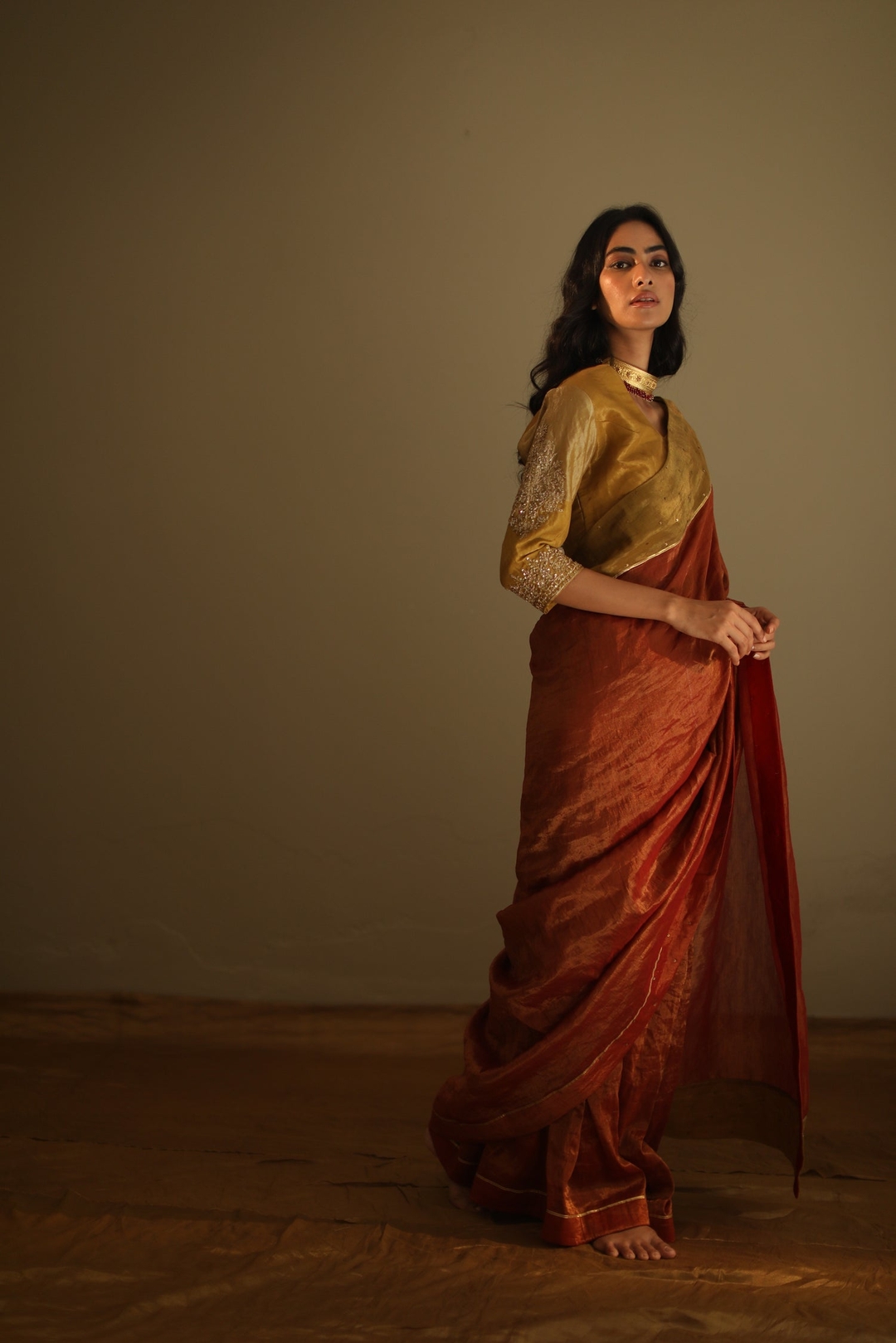 Sari In Deep Rust Red Handloom Tissue